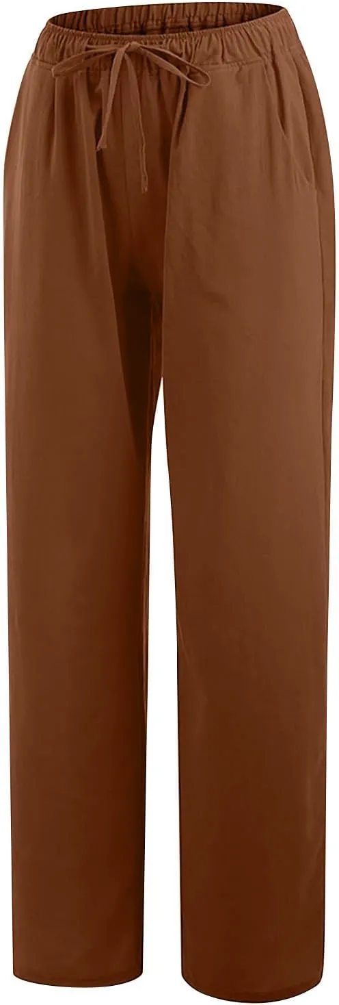 Wide Leg Linen Pants Women Summer Lightweight Lounge Pants Flowy Beach Palazzo Pants Drawstring Elastic Waist Trousers