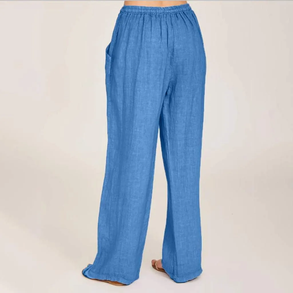 Wide Leg Linen Pants Women Summer Lightweight Lounge Pants Flowy Beach Palazzo Pants Drawstring Elastic Waist Trousers