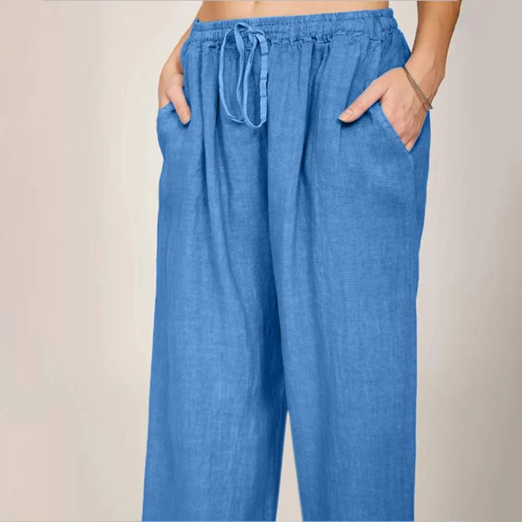 Wide Leg Linen Pants Women Summer Lightweight Lounge Pants Flowy Beach Palazzo Pants Drawstring Elastic Waist Trousers