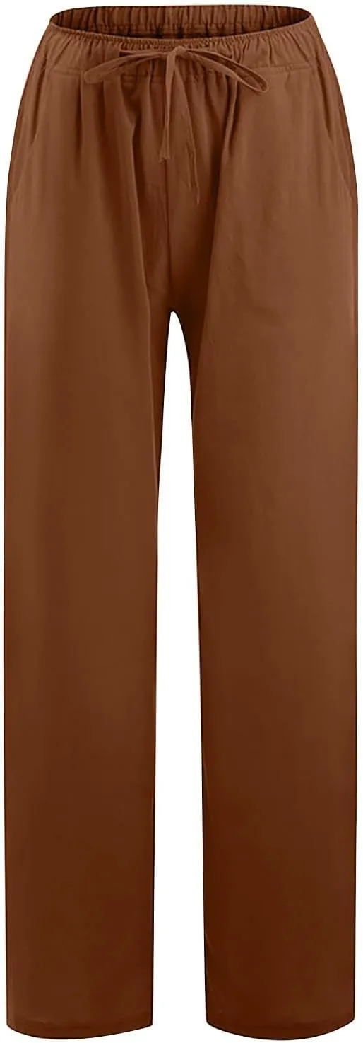 Wide Leg Linen Pants Women Summer Lightweight Lounge Pants Flowy Beach Palazzo Pants Drawstring Elastic Waist Trousers