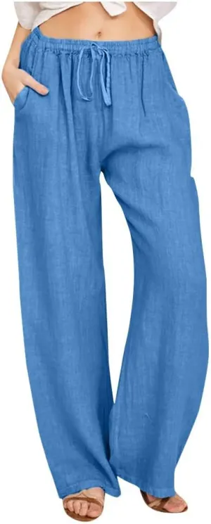 Wide Leg Linen Pants Women Summer Lightweight Lounge Pants Flowy Beach Palazzo Pants Drawstring Elastic Waist Trousers