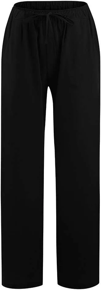 Wide Leg Linen Pants Women Summer Lightweight Lounge Pants Flowy Beach Palazzo Pants Drawstring Elastic Waist Trousers