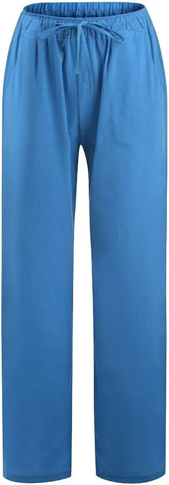 Wide Leg Linen Pants Women Summer Lightweight Lounge Pants Flowy Beach Palazzo Pants Drawstring Elastic Waist Trousers