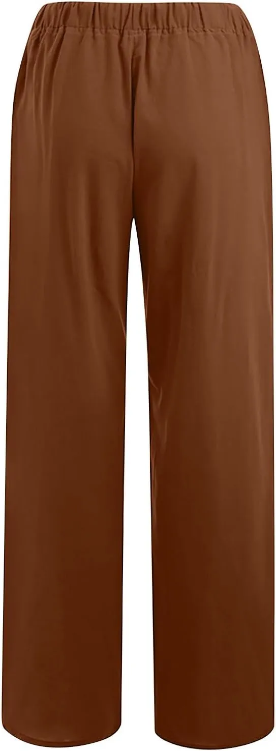Wide Leg Linen Pants Women Summer Lightweight Lounge Pants Flowy Beach Palazzo Pants Drawstring Elastic Waist Trousers