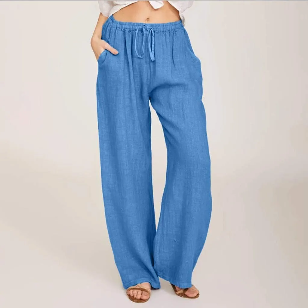 Wide Leg Linen Pants Women Summer Lightweight Lounge Pants Flowy Beach Palazzo Pants Drawstring Elastic Waist Trousers