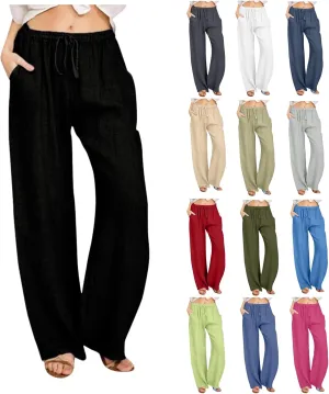 Wide Leg Linen Pants Women Summer Lightweight Lounge Pants Flowy Beach Palazzo Pants Drawstring Elastic Waist Trousers