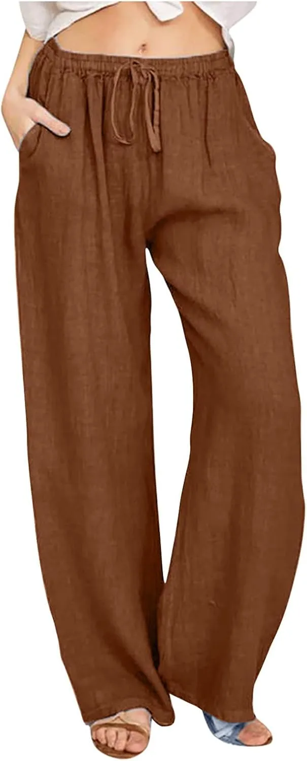 Wide Leg Linen Pants Women Summer Lightweight Lounge Pants Flowy Beach Palazzo Pants Drawstring Elastic Waist Trousers