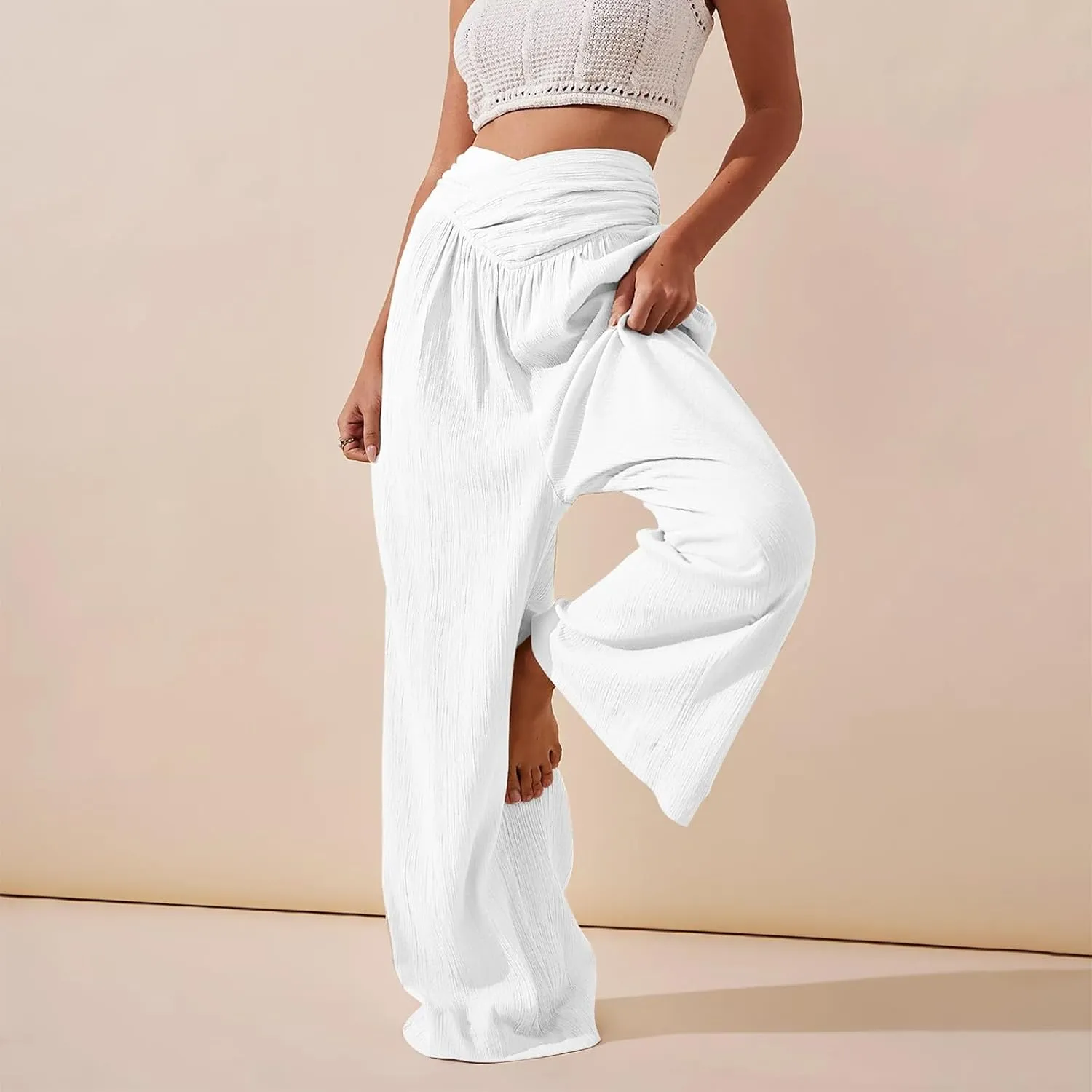 Wide Leg Palazzo Pants for Women Casual Beach Flowy Linen Pants Crossover High Waisted Long Lounge Pants with Pockets