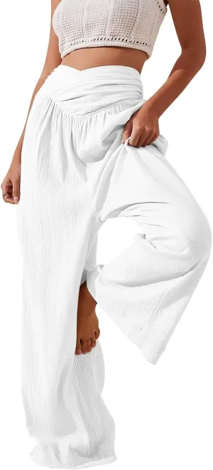 Wide Leg Palazzo Pants for Women Casual Beach Flowy Linen Pants Crossover High Waisted Long Lounge Pants with Pockets