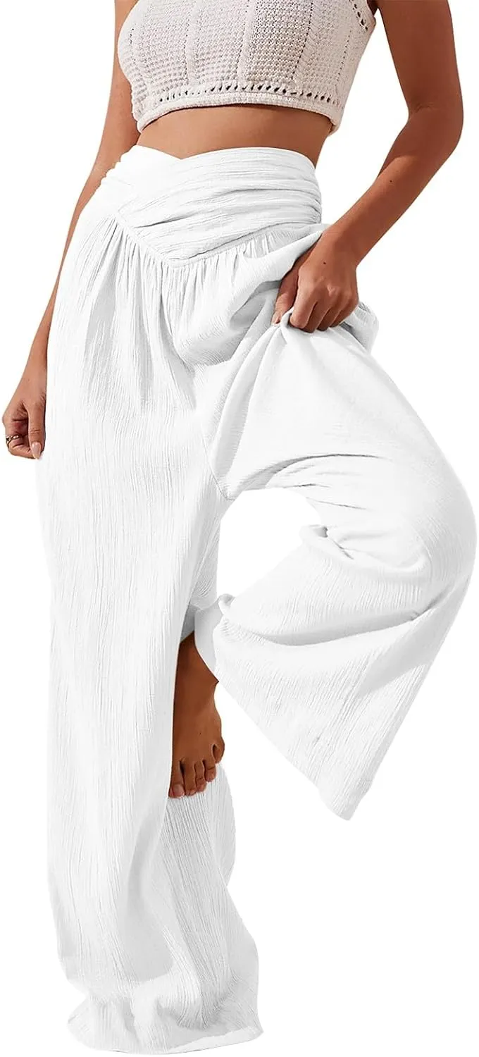 Wide Leg Palazzo Pants for Women Casual Beach Flowy Linen Pants Crossover High Waisted Long Lounge Pants with Pockets