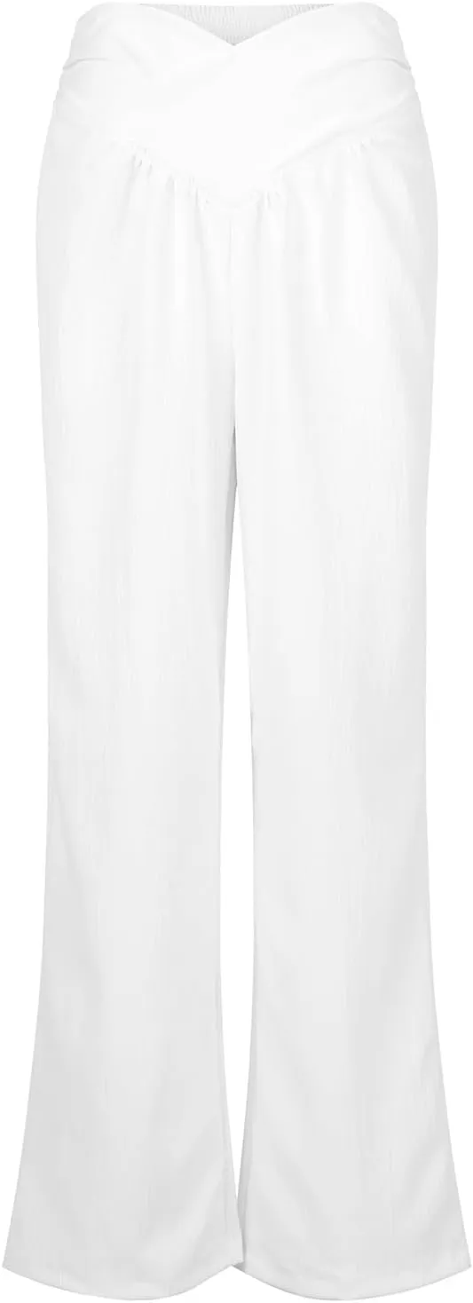 Wide Leg Palazzo Pants for Women Casual Beach Flowy Linen Pants Crossover High Waisted Long Lounge Pants with Pockets
