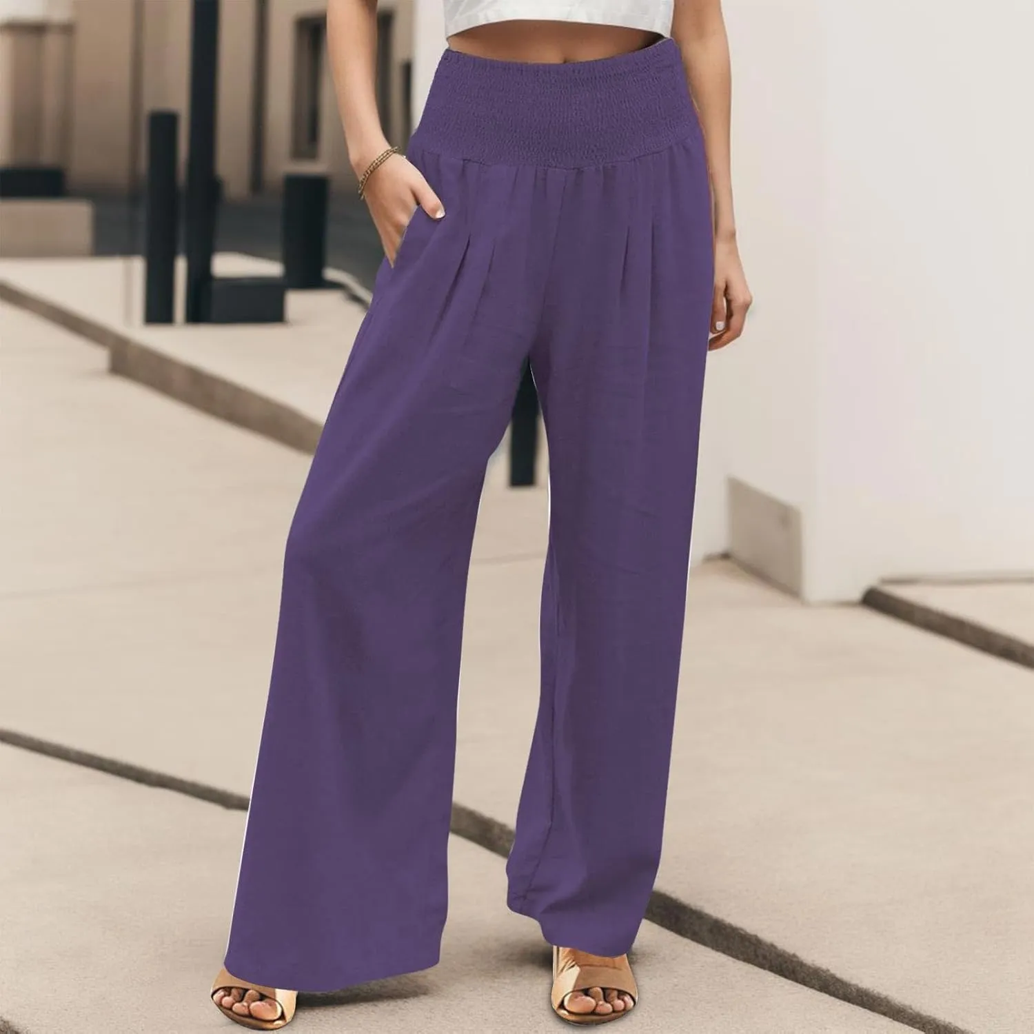 Wide Leg Pants for Women with Pockets Casual High Waisted Straight Leg Palazzo Pant Loose Solid Lounge Trousers