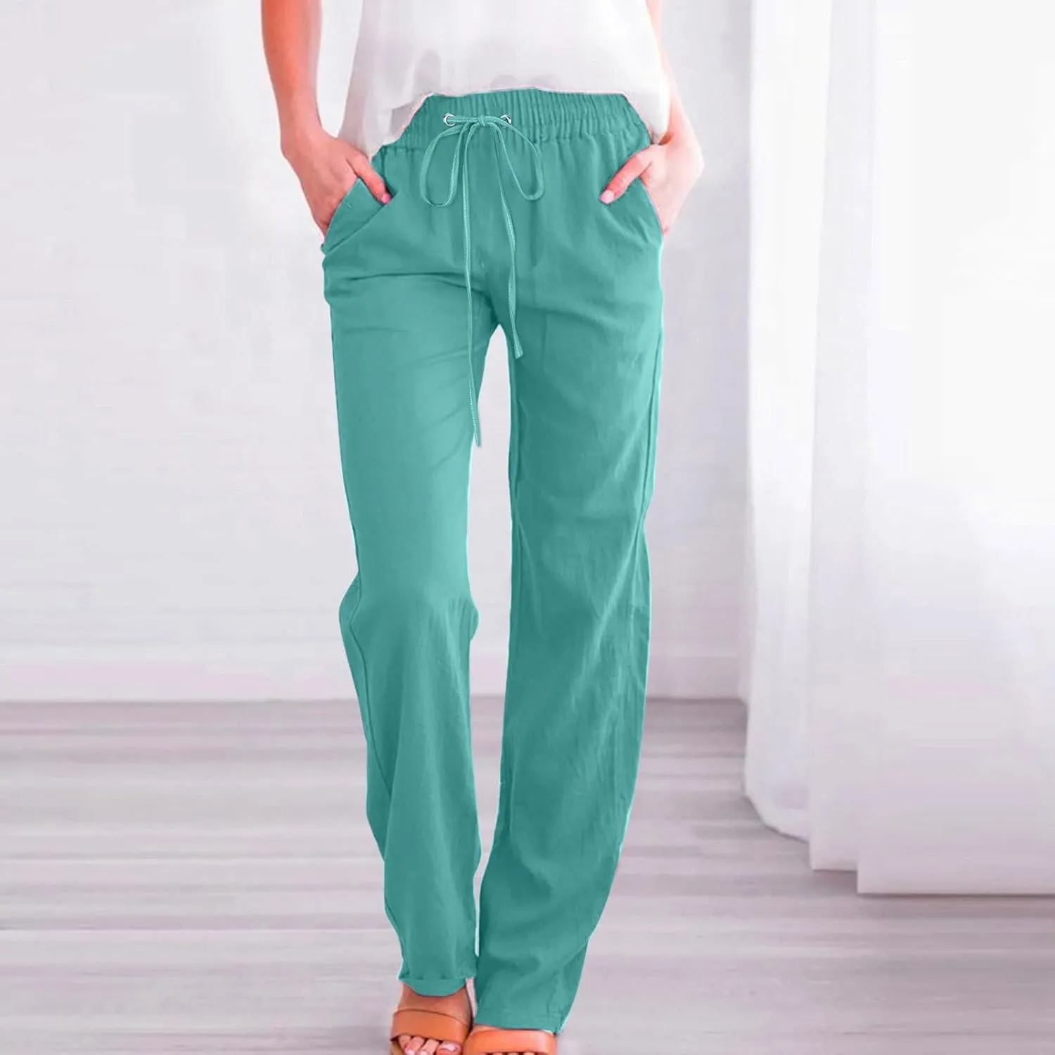 Wide Leg Pants Woman Cotton Linen Summer Pants Straight Leg Elastic Waist Trousers High Waisted Drawstring Pant 2025