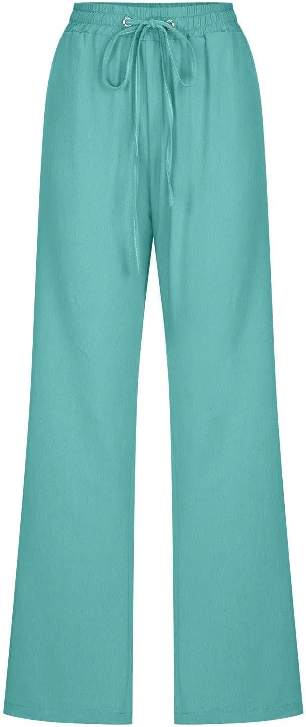 Wide Leg Pants Woman Cotton Linen Summer Pants Straight Leg Elastic Waist Trousers High Waisted Drawstring Pant 2025