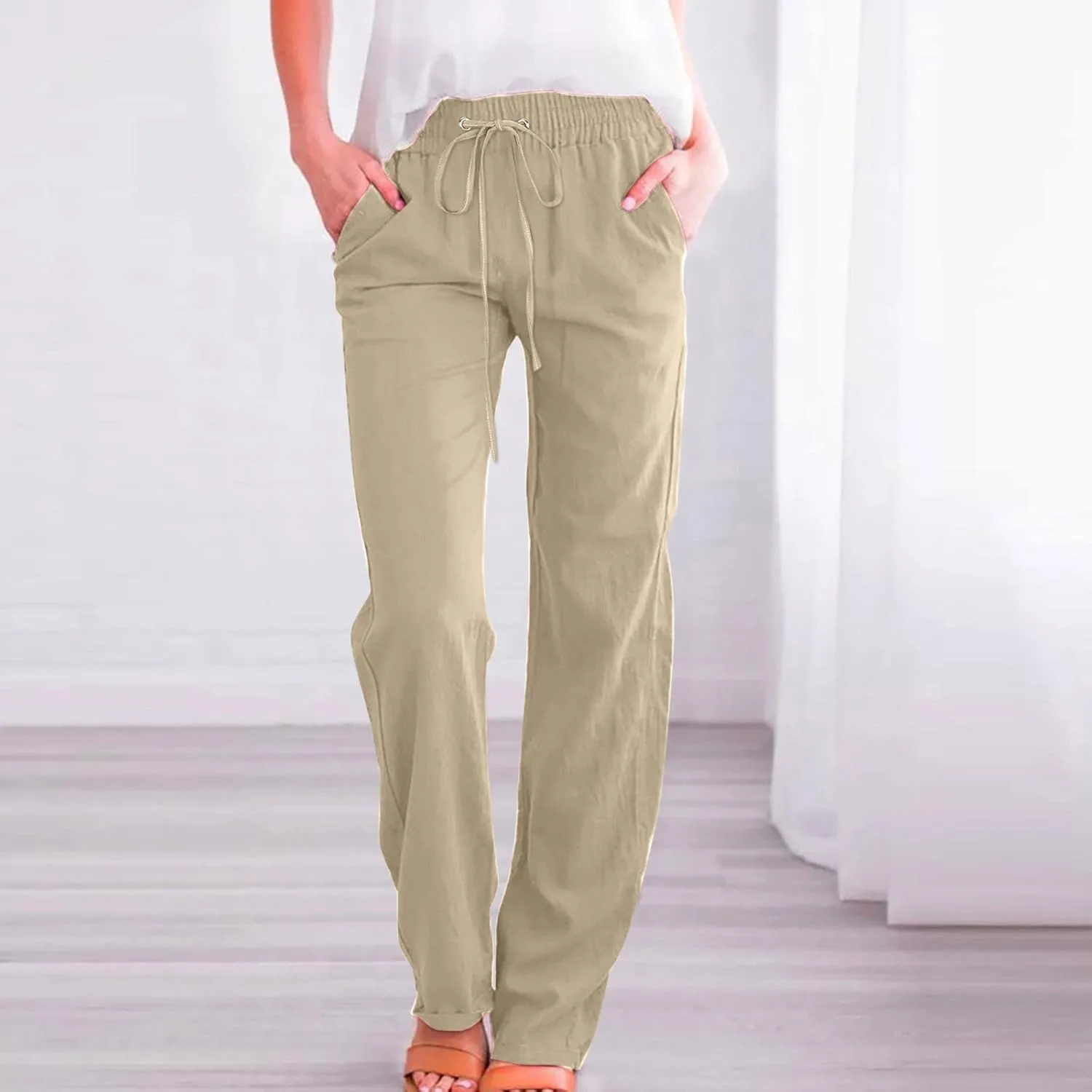 Wide Leg Pants Woman Cotton Linen Summer Pants Straight Leg Elastic Waist Trousers High Waisted Drawstring Pant 2025