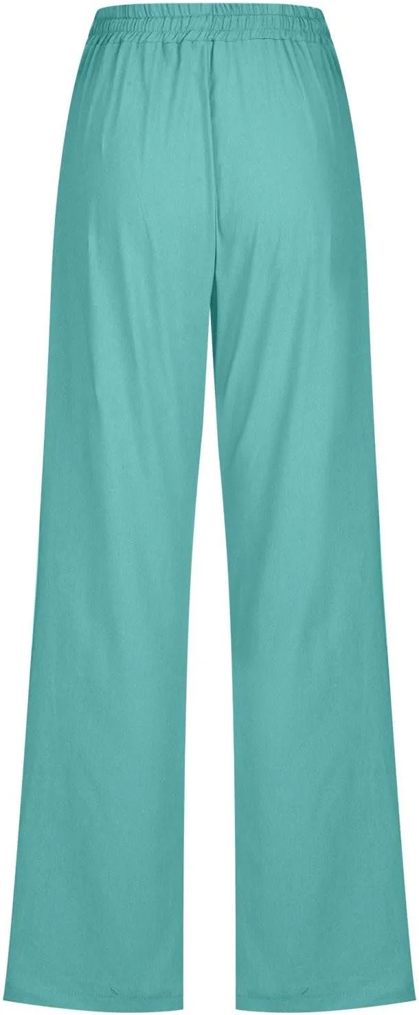 Wide Leg Pants Woman Cotton Linen Summer Pants Straight Leg Elastic Waist Trousers High Waisted Drawstring Pant 2025