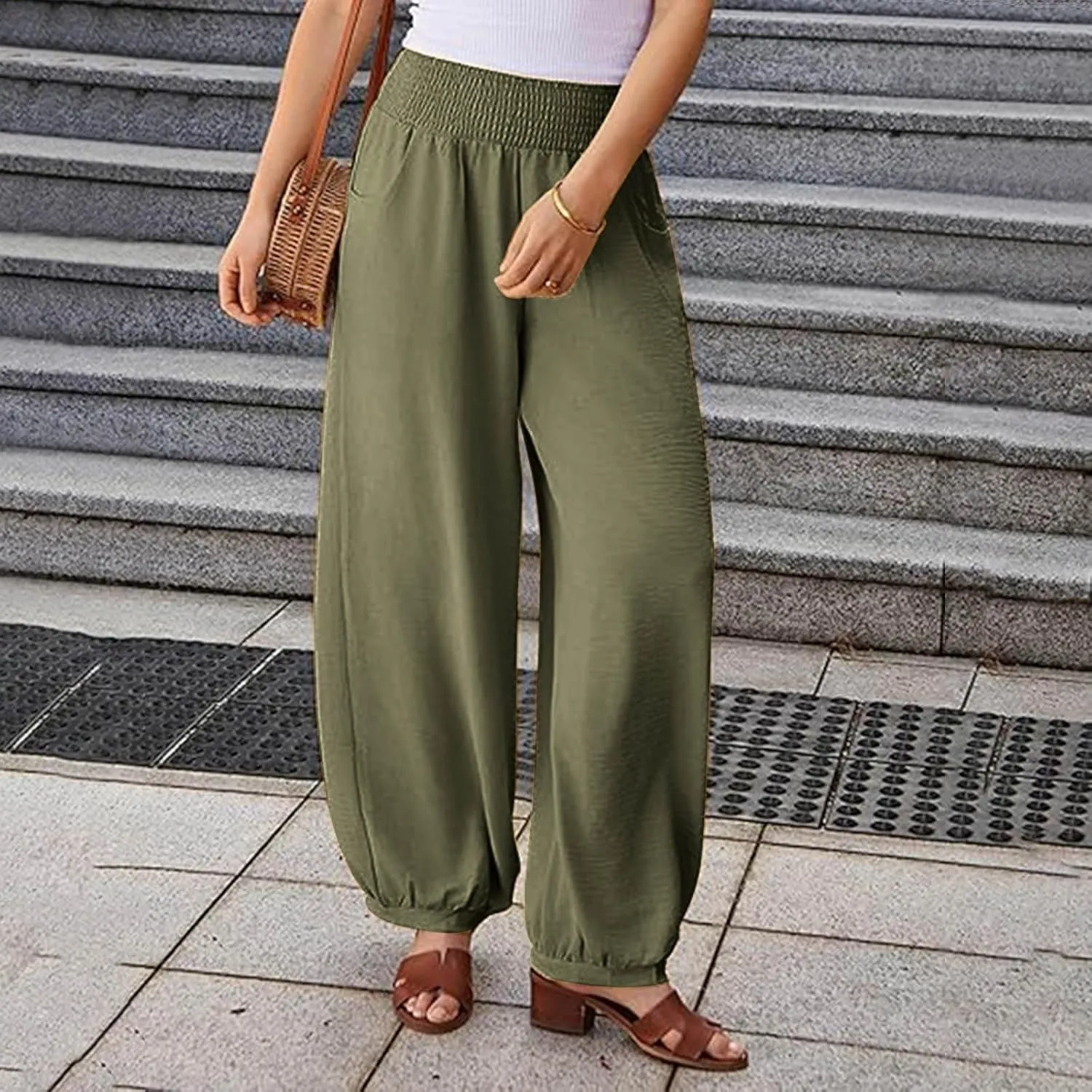 Wide Leg Pants Woman Linen Summer Beach Pants Elastic High Waisted Trousers Palazzo Lounge Pant with Pockets 2025