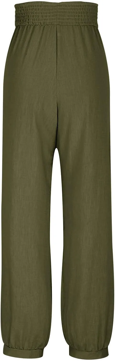 Wide Leg Pants Woman Linen Summer Beach Pants Elastic High Waisted Trousers Palazzo Lounge Pant with Pockets 2025