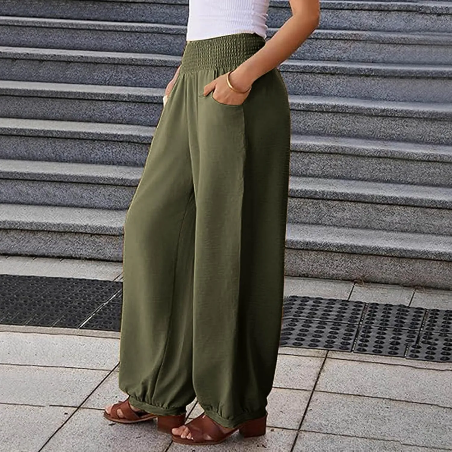 Wide Leg Pants Woman Linen Summer Beach Pants Elastic High Waisted Trousers Palazzo Lounge Pant with Pockets 2025
