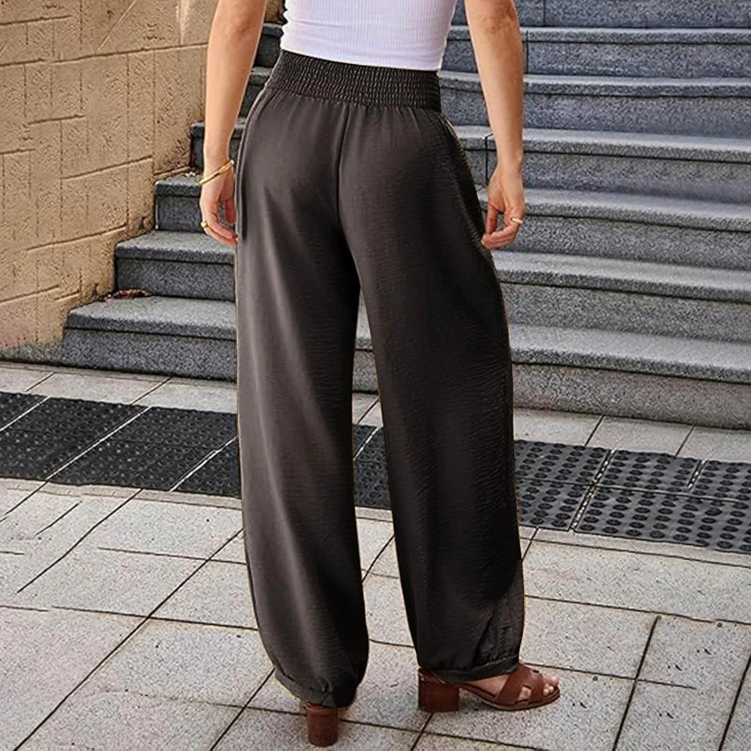 Wide Leg Pants Woman Linen Summer Beach Pants Elastic High Waisted Trousers Palazzo Lounge Pant with Pockets 2025