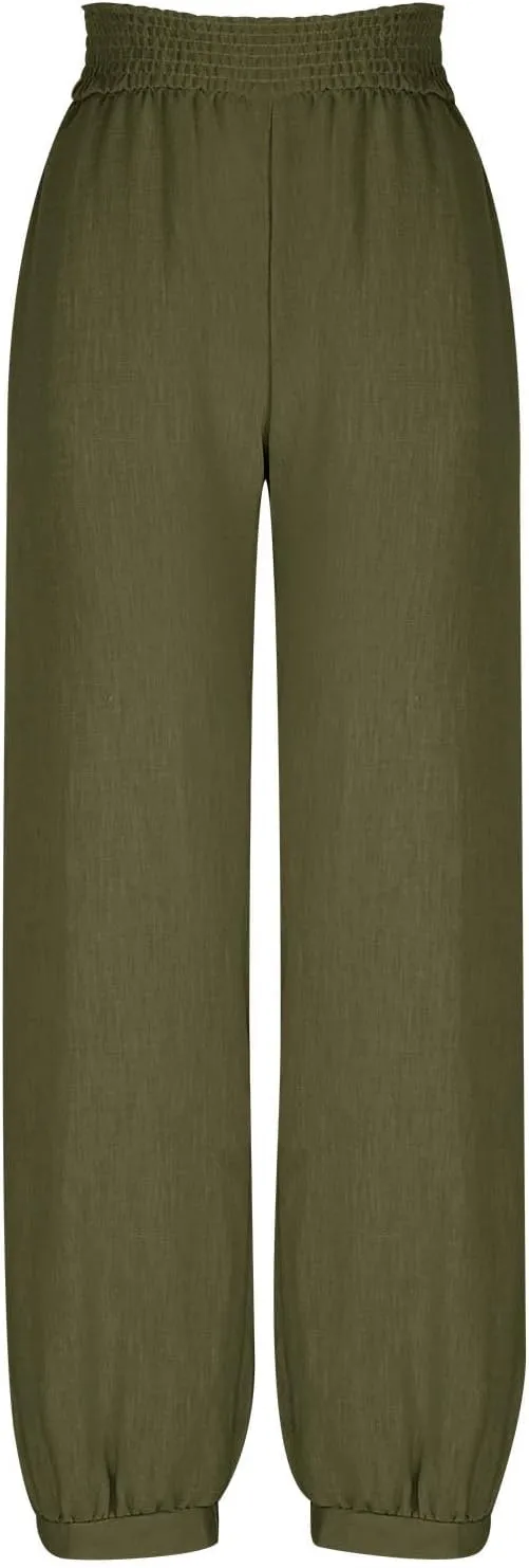 Wide Leg Pants Woman Linen Summer Beach Pants Elastic High Waisted Trousers Palazzo Lounge Pant with Pockets 2025