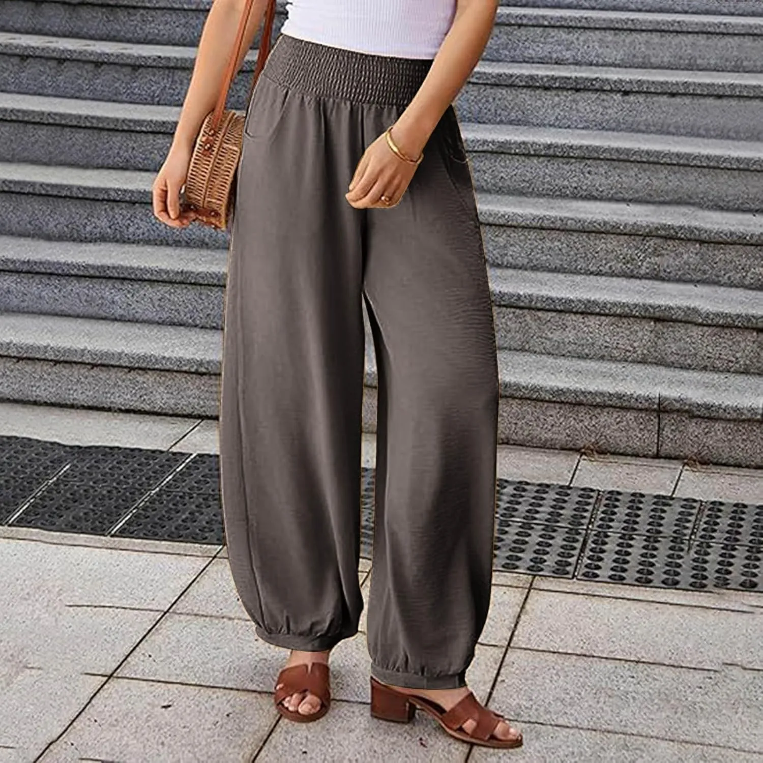 Wide Leg Pants Woman Linen Summer Beach Pants Elastic High Waisted Trousers Palazzo Lounge Pant with Pockets 2025