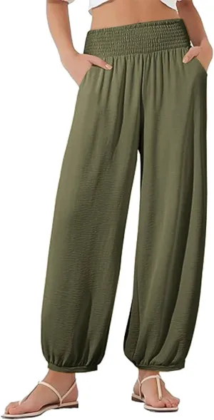Wide Leg Pants Woman Linen Summer Beach Pants Elastic High Waisted Trousers Palazzo Lounge Pant with Pockets 2025