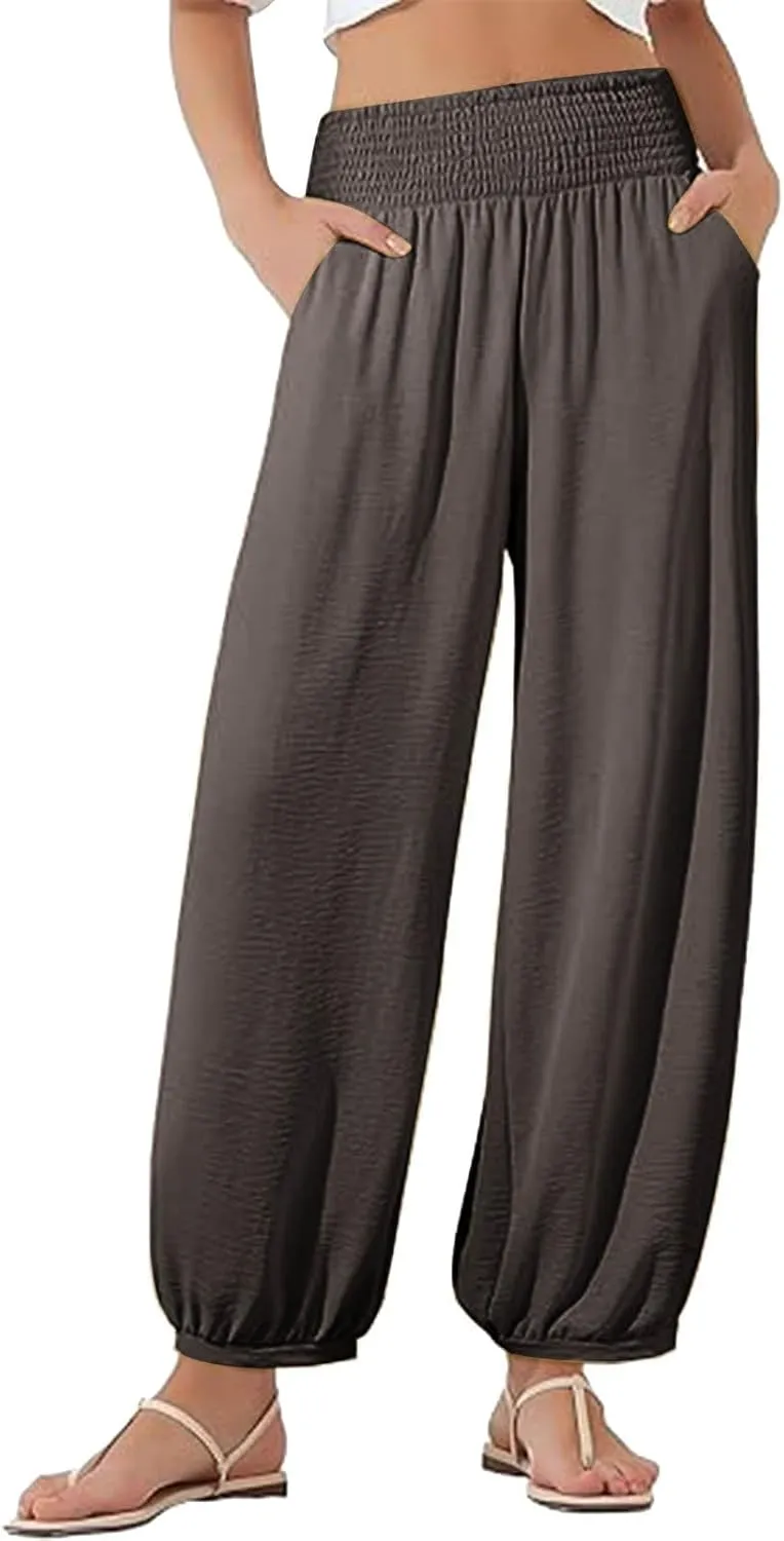 Wide Leg Pants Woman Linen Summer Beach Pants Elastic High Waisted Trousers Palazzo Lounge Pant with Pockets 2025