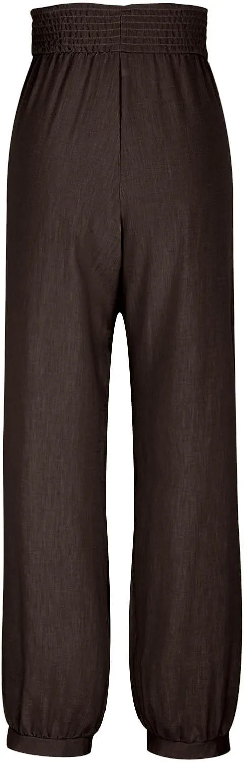 Wide Leg Pants Woman Linen Summer Beach Pants Elastic High Waisted Trousers Palazzo Lounge Pant with Pockets 2025