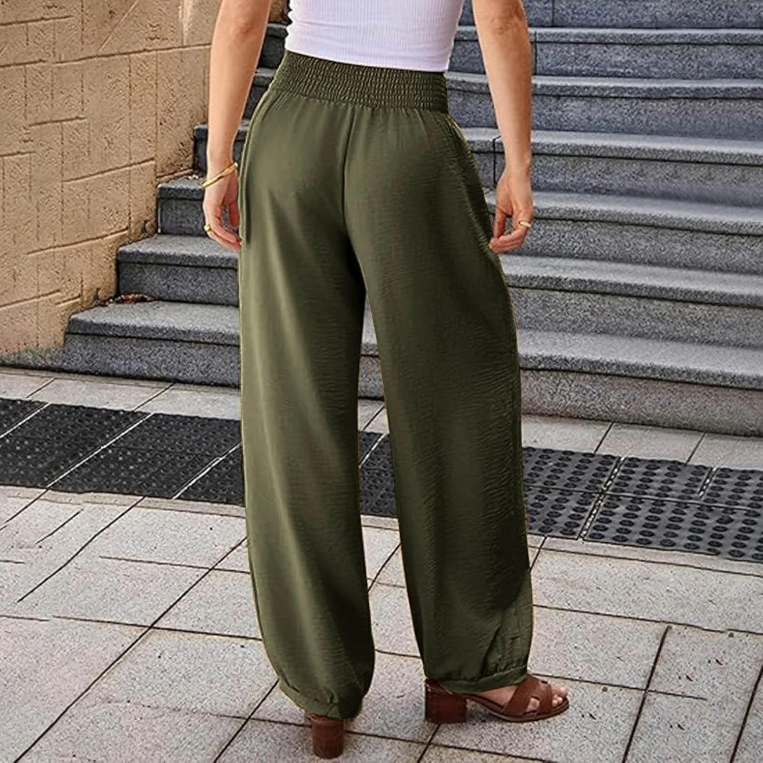 Wide Leg Pants Woman Linen Summer Beach Pants Elastic High Waisted Trousers Palazzo Lounge Pant with Pockets 2025