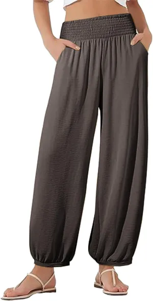 Wide Leg Pants Woman Linen Summer Beach Pants Elastic High Waisted Trousers Palazzo Lounge Pant with Pockets 2025