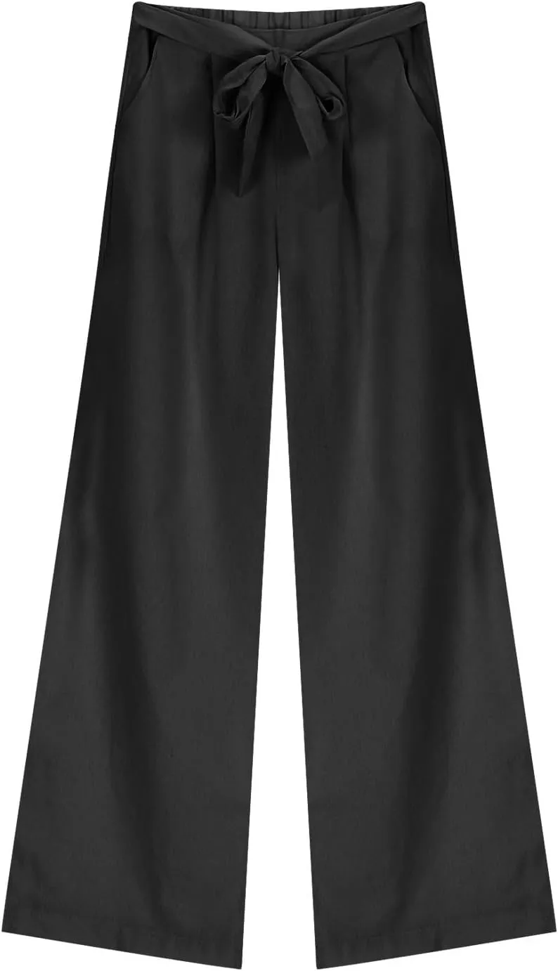 Wide Leg Pants Women's Summer High Waisted Lounge Pants Solid Casual Cotton Linen Drawstring Trousers with Pockets