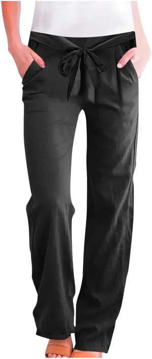 Wide Leg Pants Women's Summer High Waisted Lounge Pants Solid Casual Cotton Linen Drawstring Trousers with Pockets