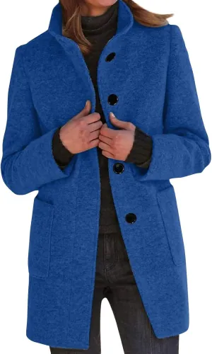 Winter Long Pea Coats for Women Wool Blend Stand Collar Single Breasted Blazer Jacket 2025 Casual Peacoat Overcoat