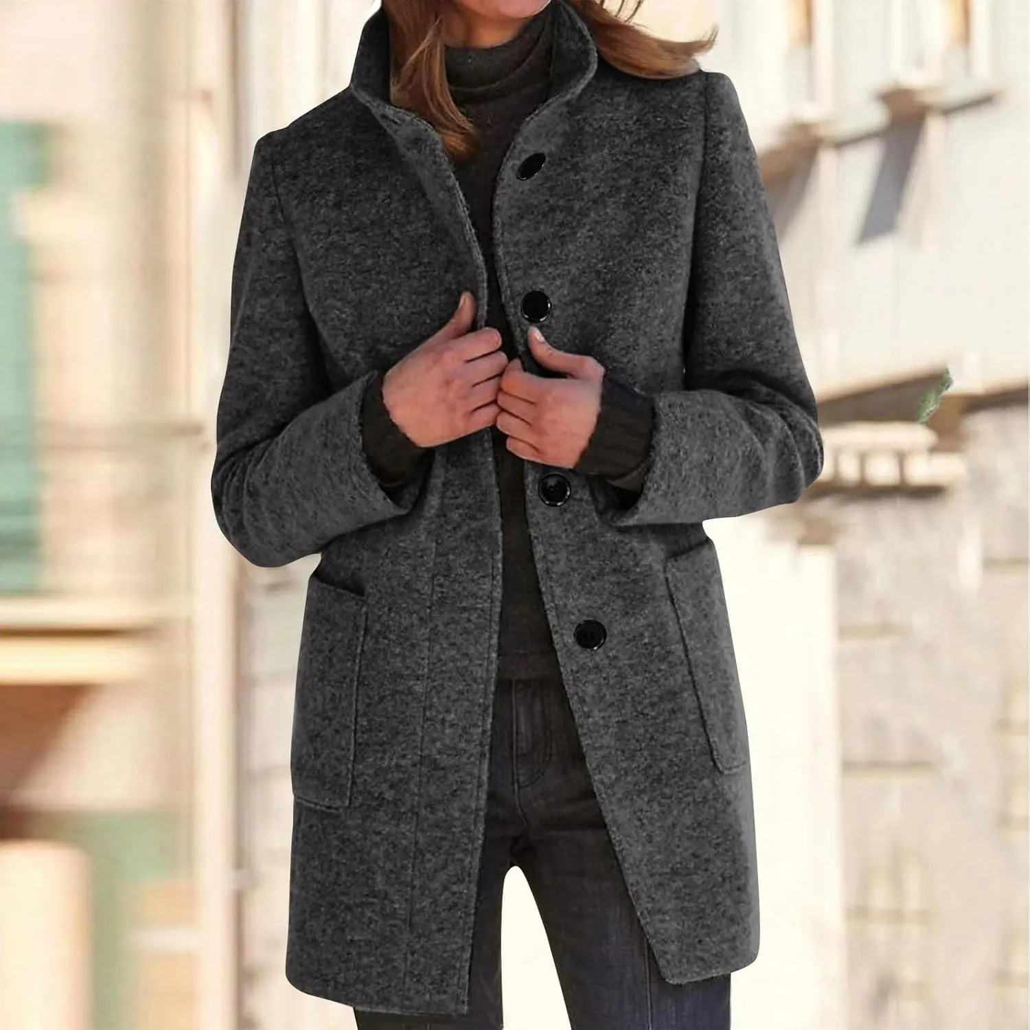 Winter Long Pea Coats for Women Wool Blend Stand Collar Single Breasted Blazer Jacket 2025 Casual Peacoat Overcoat