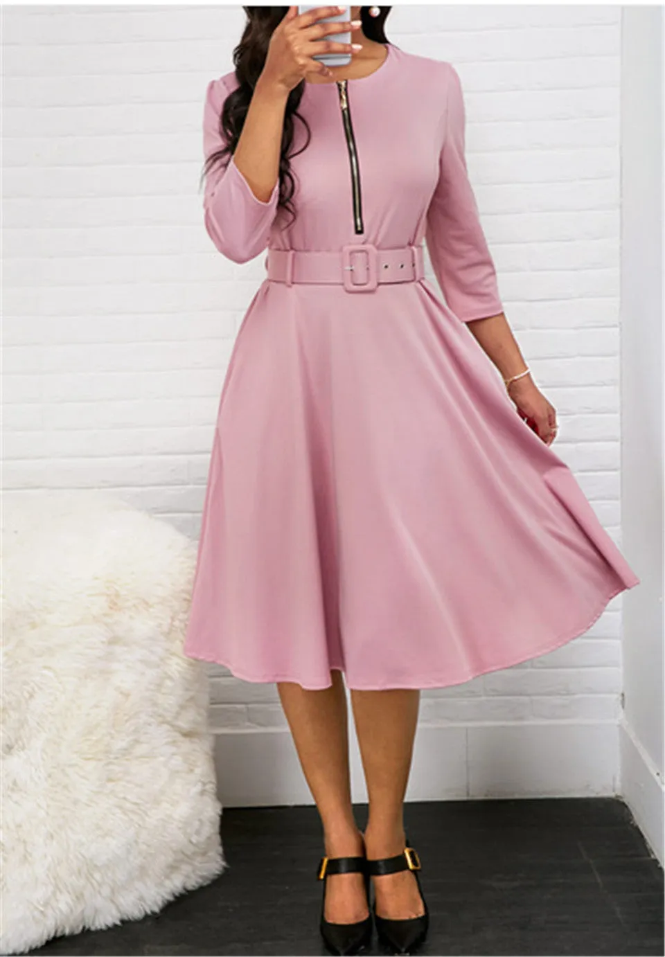 Wjczt Autumn Dress Women Robe Femme Patchwork Zipper Belt Dresses O-Neck Half Sleeve Dress For Women&#39;s Clothing 2022 Vestido De Mujer