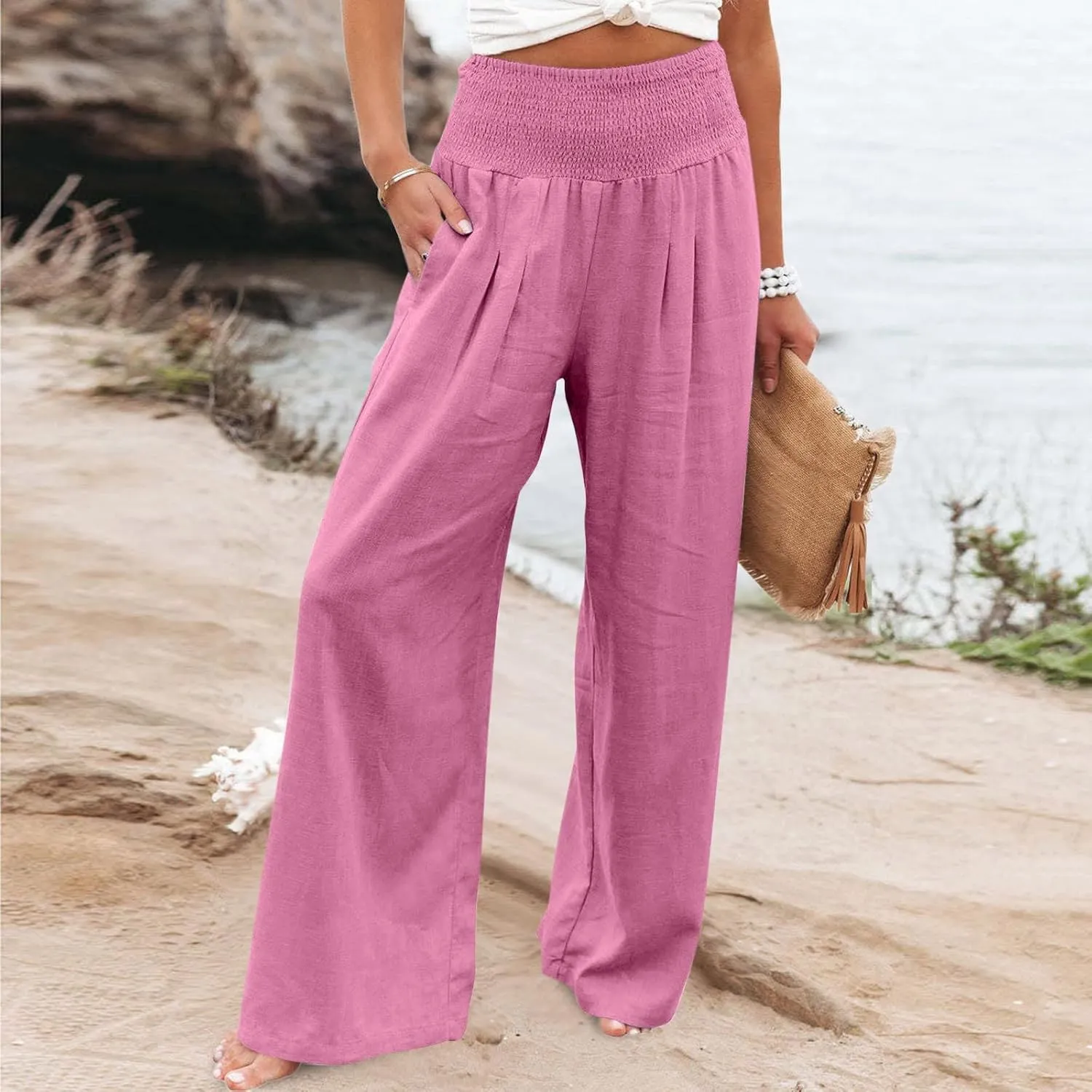Women Boho Linen Pants 2024 Casual Wide Leg Pants Palazzo Beach Pants Summer Trending Dressy Flowy Clothing Outfits