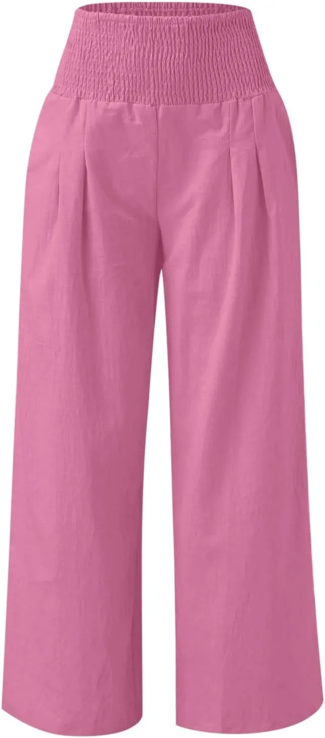 Women Boho Linen Pants 2024 Casual Wide Leg Pants Palazzo Beach Pants Summer Trending Dressy Flowy Clothing Outfits