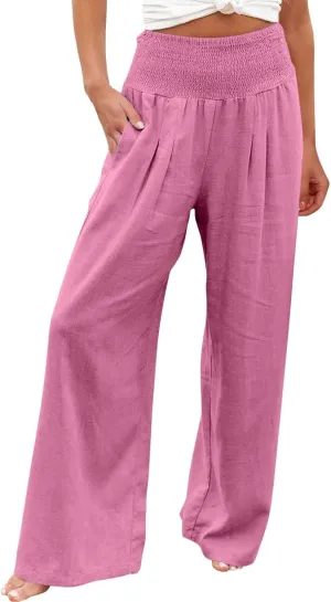 Women Boho Linen Pants 2024 Casual Wide Leg Pants Palazzo Beach Pants Summer Trending Dressy Flowy Clothing Outfits