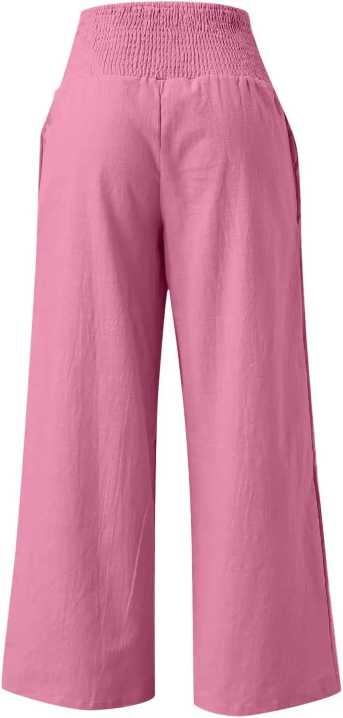 Women Boho Linen Pants 2024 Casual Wide Leg Pants Palazzo Beach Pants Summer Trending Dressy Flowy Clothing Outfits