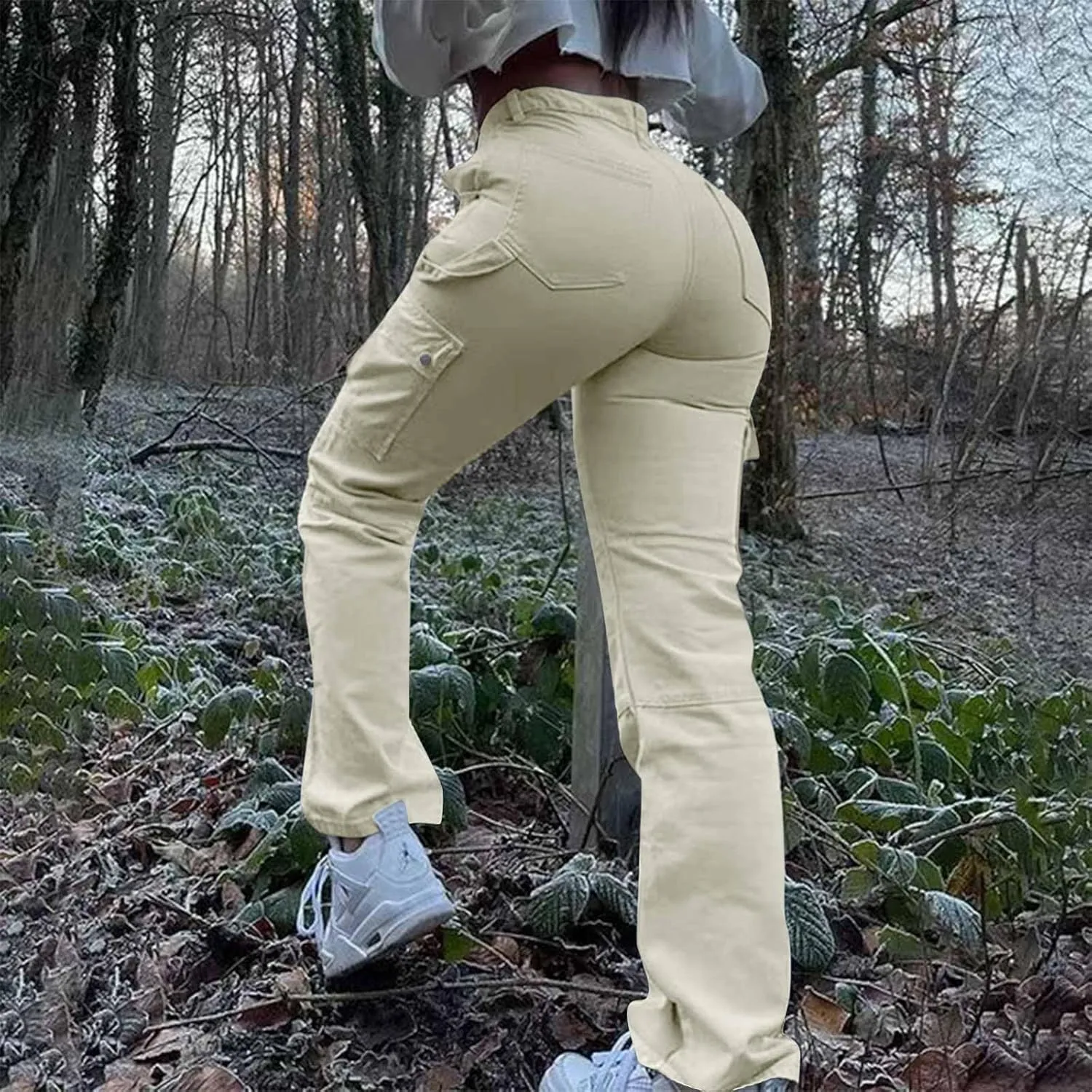 Women Denim Cargo Pants Stretch High Waisted Jeans Casual Baggy Joggers Solid Color Trousers Multi Pockets Streetwear