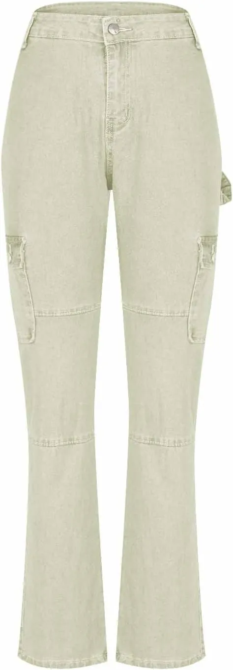 Women Denim Cargo Pants Stretch High Waisted Jeans Casual Baggy Joggers Solid Color Trousers Multi Pockets Streetwear