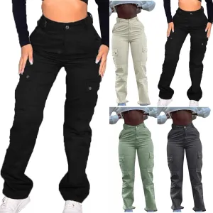 Women Denim Cargo Pants Stretch High Waisted Jeans Casual Baggy Joggers Solid Color Trousers Multi Pockets Streetwear