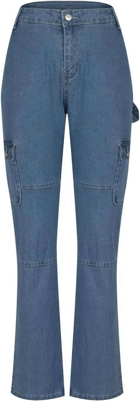 Women Denim Cargo Pants Stretch High Waisted Jeans Casual Baggy Joggers Solid Color Trousers Multi Pockets Streetwear