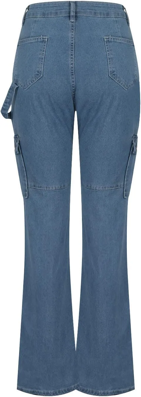 Women Denim Cargo Pants Stretch High Waisted Jeans Casual Baggy Joggers Solid Color Trousers Multi Pockets Streetwear