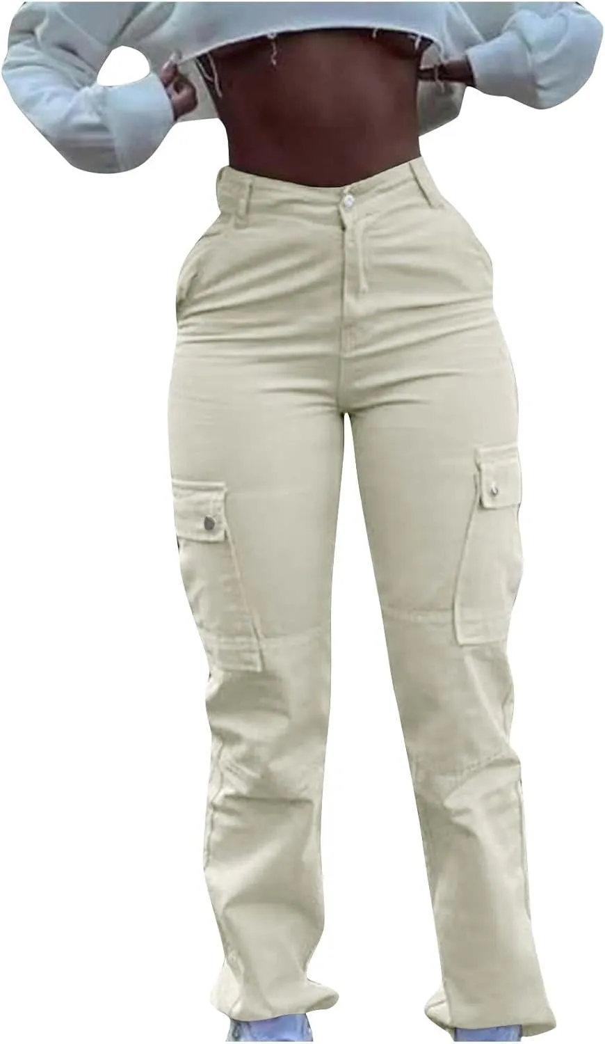 Women Denim Cargo Pants Stretch High Waisted Jeans Casual Baggy Joggers Solid Color Trousers Multi Pockets Streetwear