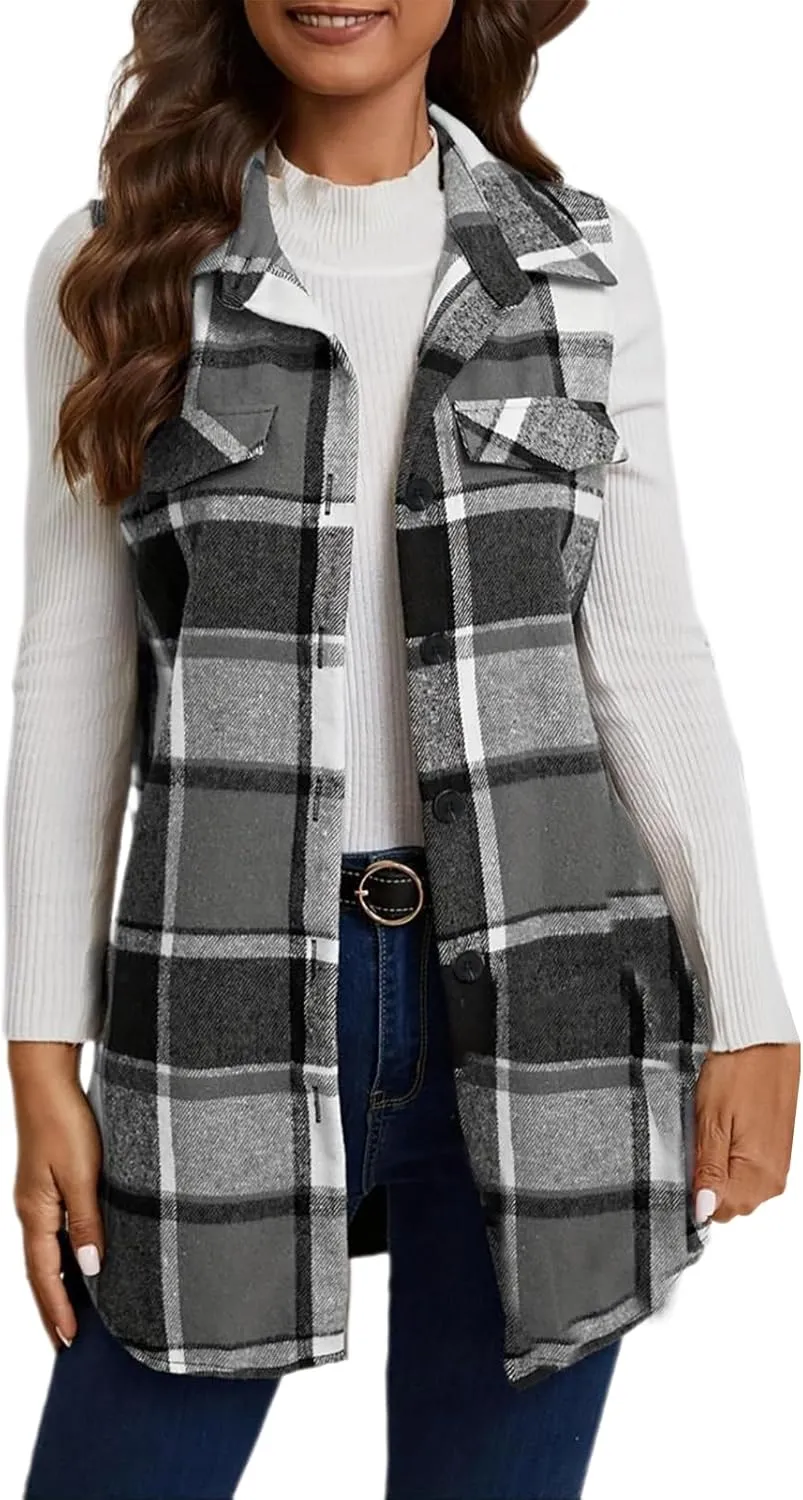 Women Fashion Plaid Vest Sleeveless Button Lapel Long Waistcoat Jacket Casual Outing Family Camping Coat with Pocket