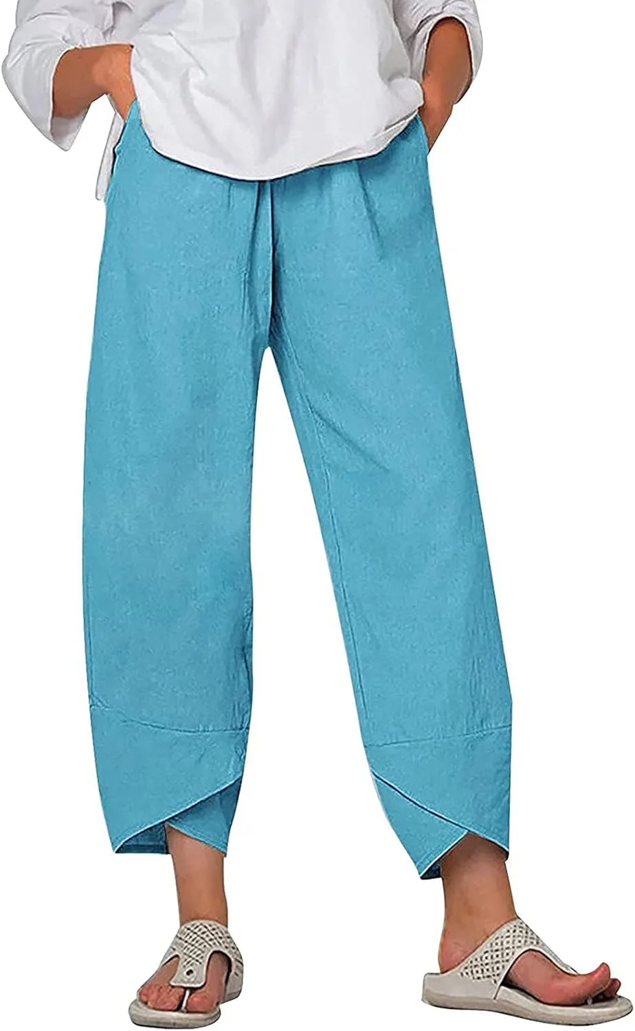 Women High Rise Casual Solid Linen Dressy Capri Pants 2024 Summer Casual Pants Cropped Tapered Travel Beach Outfits