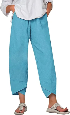 Women High Rise Casual Solid Linen Dressy Capri Pants 2024 Summer Casual Pants Cropped Tapered Travel Beach Outfits