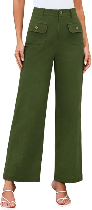 Women High Waist Wide Leg Pants Stretchy Solid Color Tummy Control Trousers Business Work Casual Pants with Pockets